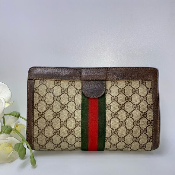 💎Gorgeous💎 Authentic GUCCI Web Sherry Line GG Logo Canvas/Leather Clut… - Picture 1 of 15